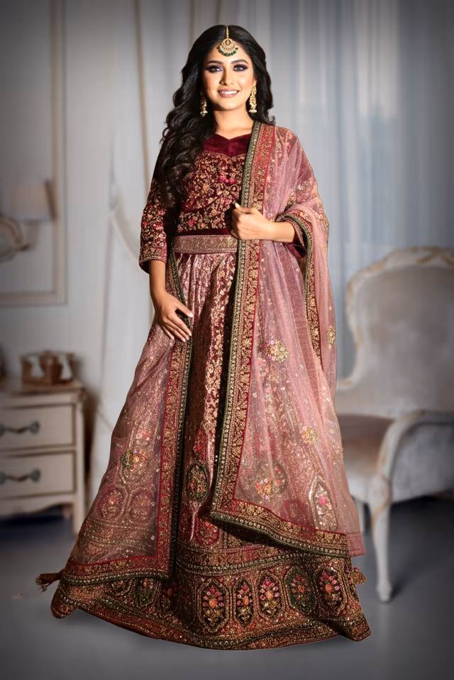 Luxurious Maroon Velvet Lehenga With Heavily Embroidered Floral Motifs And Traditional Borders — back view, rent in Calicut