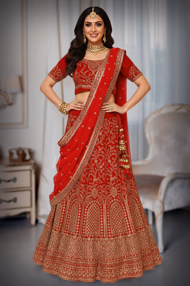 Luxurious Panne Velvet Lehenga with Intricate Wirework and Stone Embellishments for Grand… — back view, rent in Bangalore