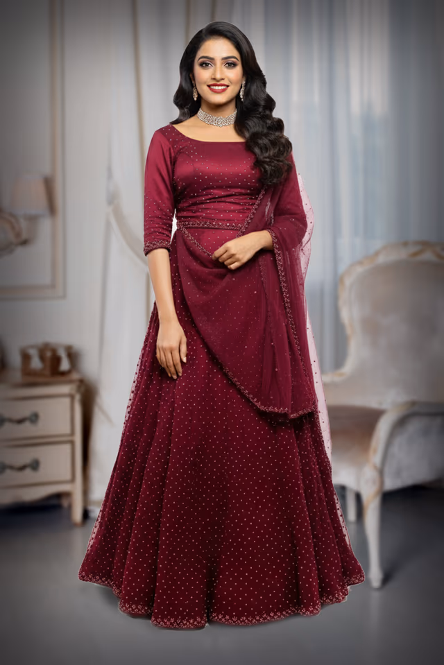 Magenta Silk Lehenga Choli with Golden Zardozi and Beadwork Embellishment — back view, rent in Kochi