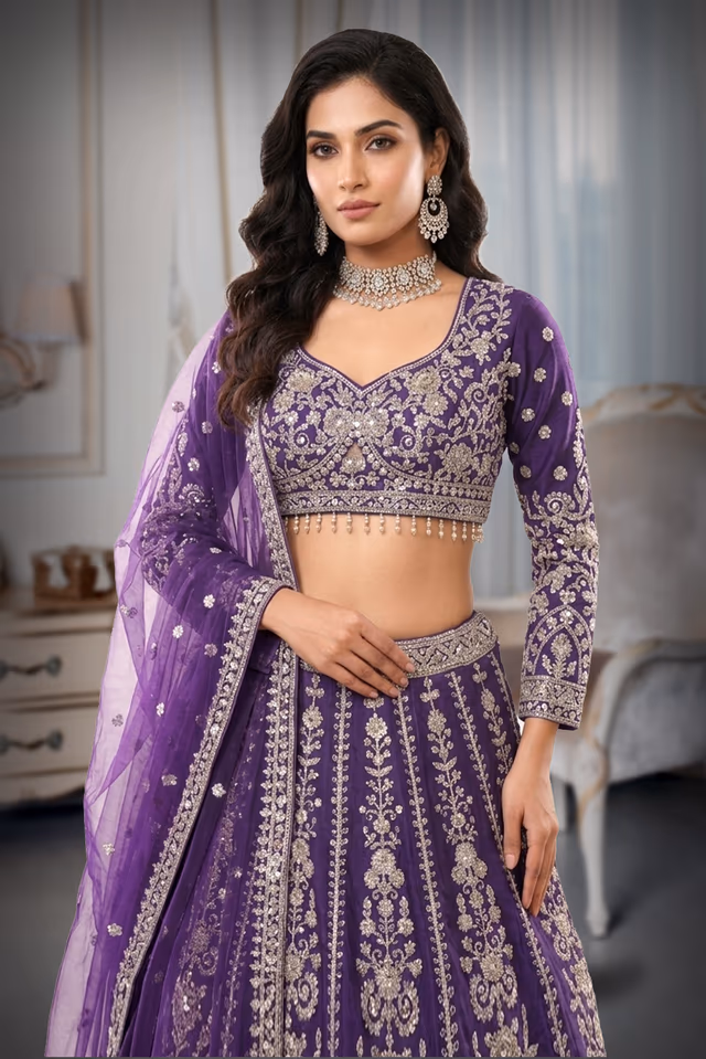 Majestic Deep Purple Lehenga Set With Heavy Silver Zari Embroidery, Intricate Borders, And Net Dupatta. — rent in Calicut