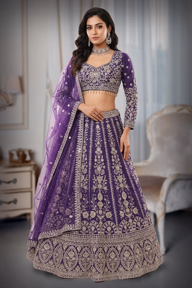 Majestic Deep Purple Lehenga Set With Heavy Silver Zari Embroidery, Intricate Borders, And Net… — back view, rent in Calicut