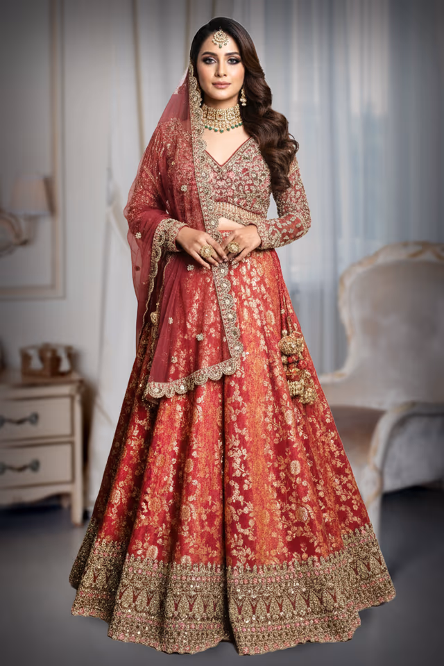 Traditional Maroon Banarasi Silk Lehenga Featuring Rich Floral Motifs An Intricately Heavily… — back view, rent in Calicut