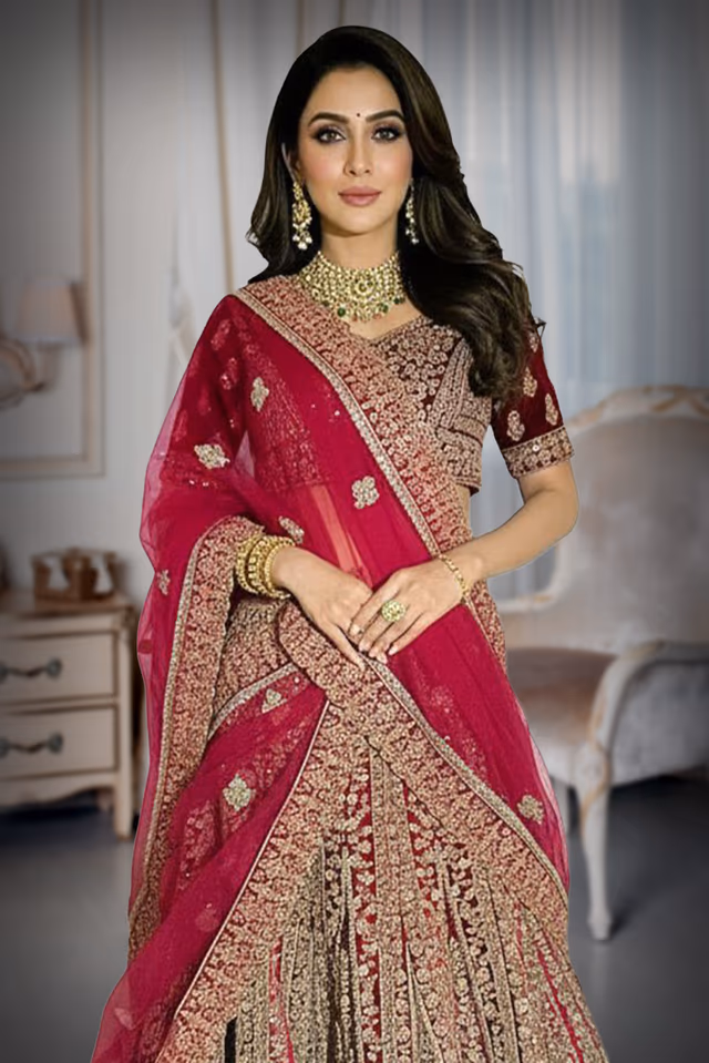 Maroon Bridal Lehenga with Embossed Patterns, Stone and Zari Work for Luxurious Elegance — rent in Bangalore