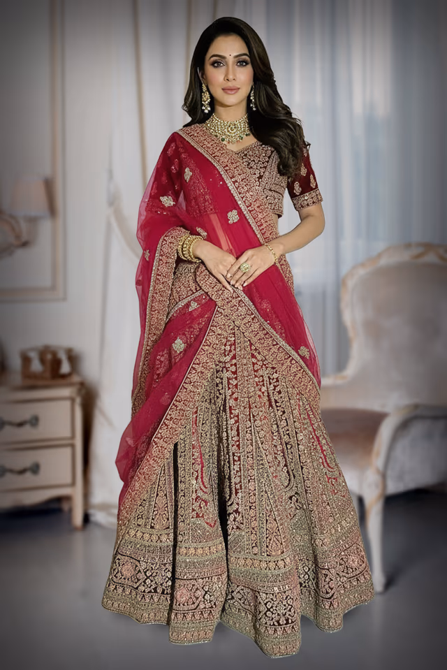 Maroon Bridal Lehenga with Embossed Patterns, Stone and Zari Work for Luxurious Elegance — back view, rent in Bangalore