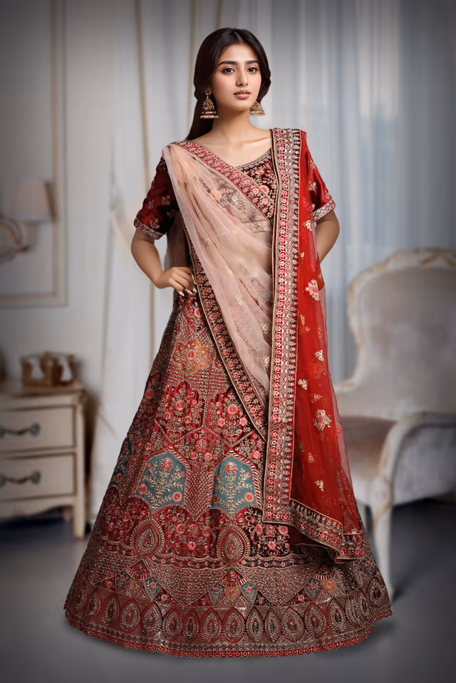 Maroon Colour Heavy Embroidery Jarkan Work  Velvet Lehenga — back view, rent in Coimbatore