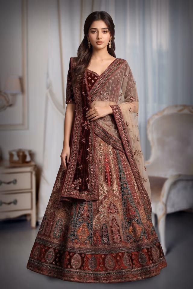 Maroon And Ivory Heavy Embroidered Velvet Lehenga With Maroon Blouse And Double Dupattas — back view, rent in Coimbatore
