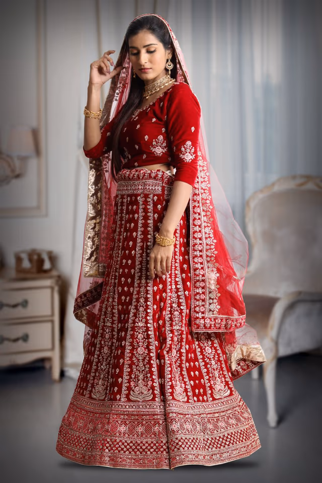 Maroon velvet embroidery work lehenga — back view, rent in Calicut