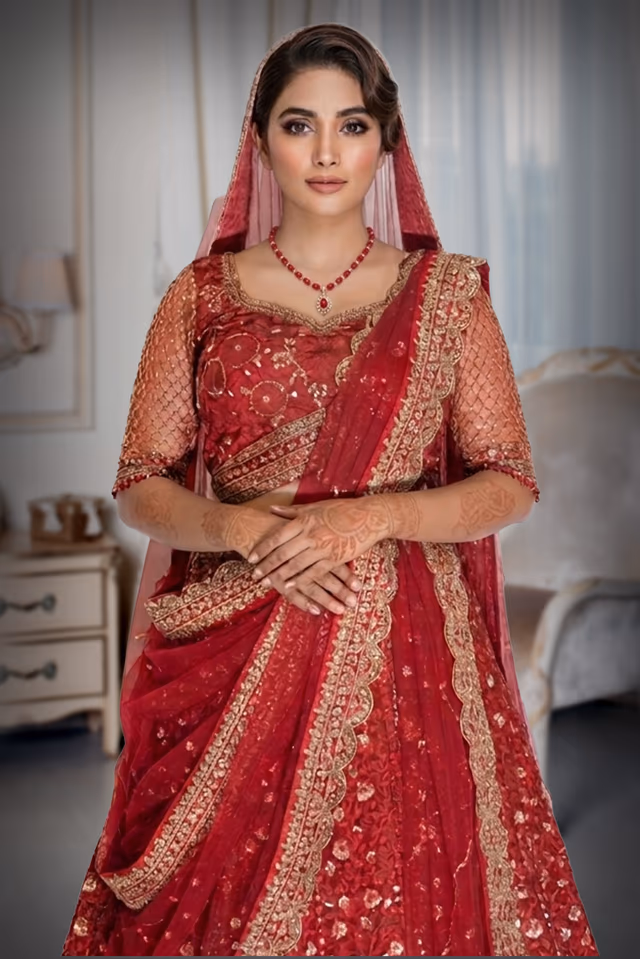 Maroonish - red lehenga with embrodery gold aari work and sequin work details — rent in Kochi