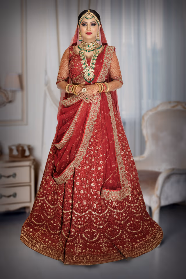 Maroonish - red lehenga with embrodery gold aari work and sequin work details — back view, rent in Kochi