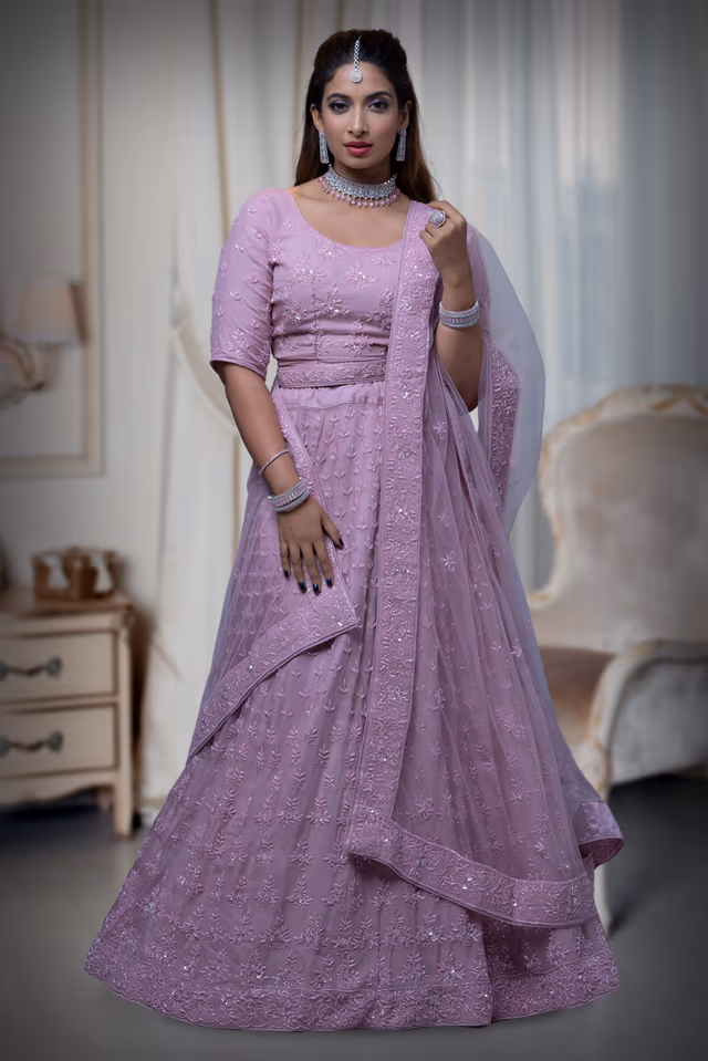 Mauve Pink Sequins Lehenga — back view, rent in Calicut