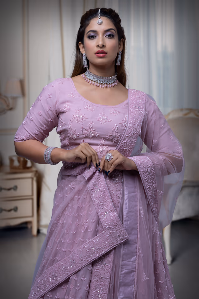 Mauve Pink Sequins Lehenga — rent in Calicut