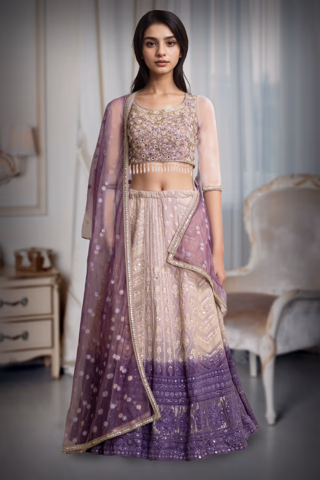 Mauve Lehenga With Zari, Pearl Work, Embroidered Blouse, And Net Dupatta. Elegant And Festive. — back view, rent in Bangalore