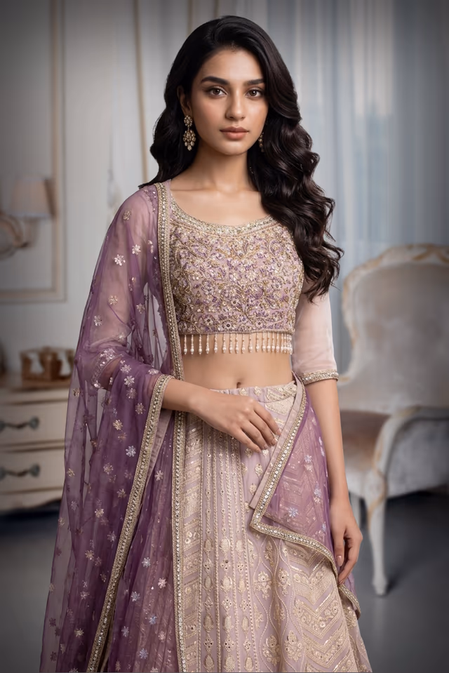 Mauve Lehenga With Zari, Pearl Work, Embroidered Blouse, And Net Dupatta. Elegant And Festive. — rent in Bangalore