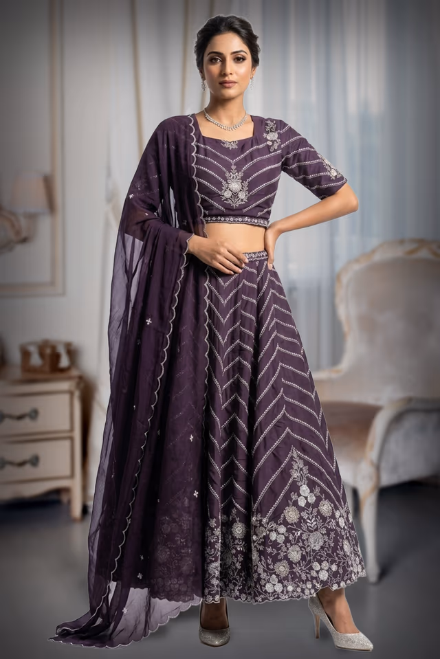 Mauve Zigzag Suga  Bead Floral Embroidered Lehenga Set — back view, rent in Bangalore