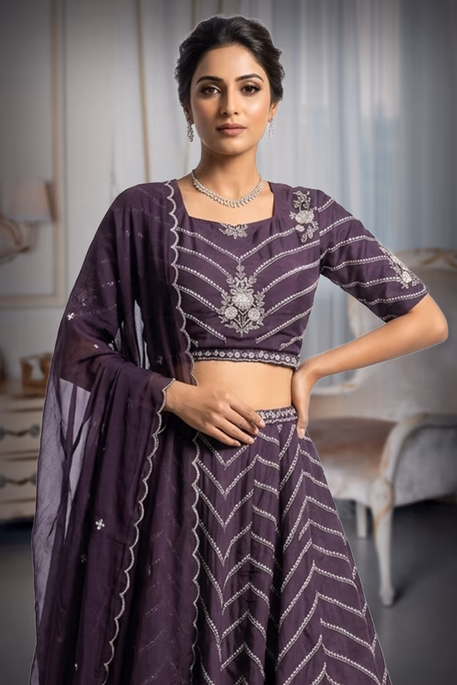Mauve Zigzag Suga  Bead Floral Embroidered Lehenga Set — rent in Bangalore