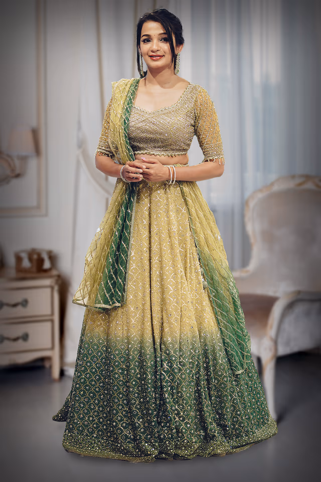Metallic Green Heavy Embellished Bridal Lehenga With Golden Stone Details On Skirt , Crop Top… — back view, rent in Calicut