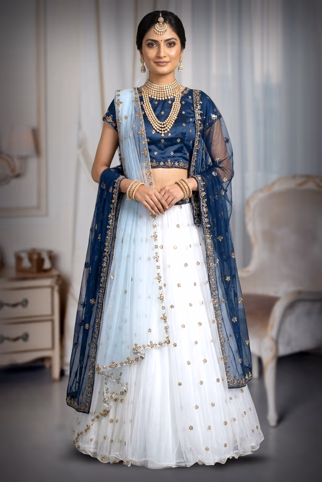 Midnight Bloom Embroidered gold  Work  lehenga — back view, rent in Bangalore