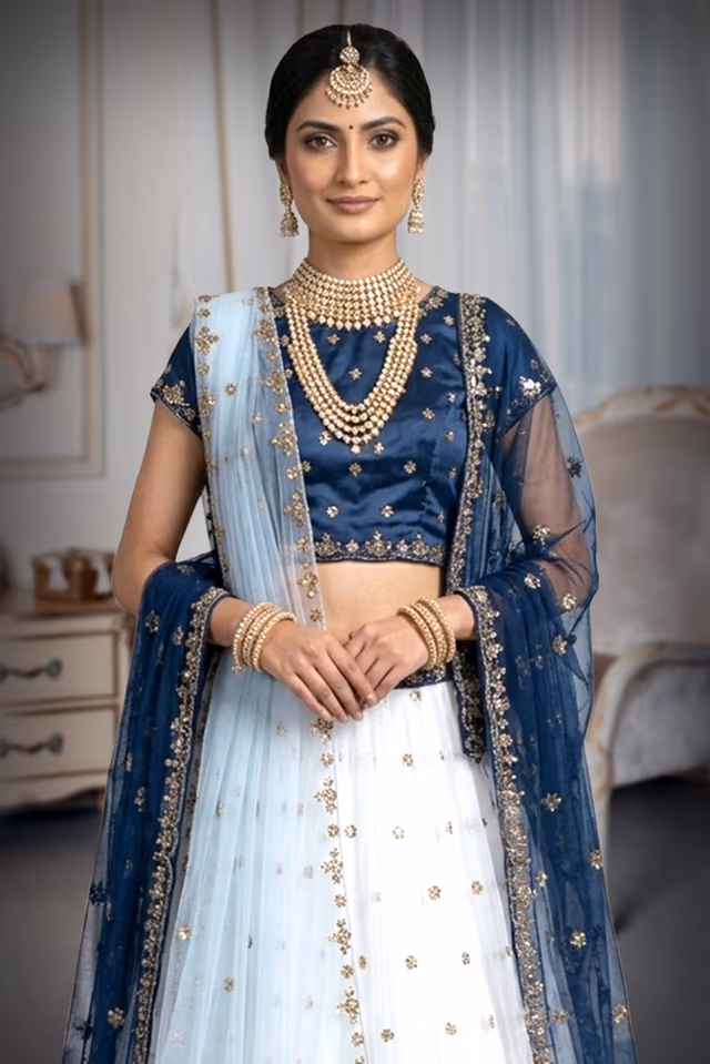 Midnight Bloom Embroidered gold  Work  lehenga — rent in Bangalore