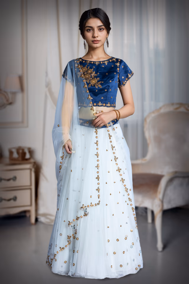Midnight Bloom Embroidered gold  Work  lehenga — back view, rent in Bangalore