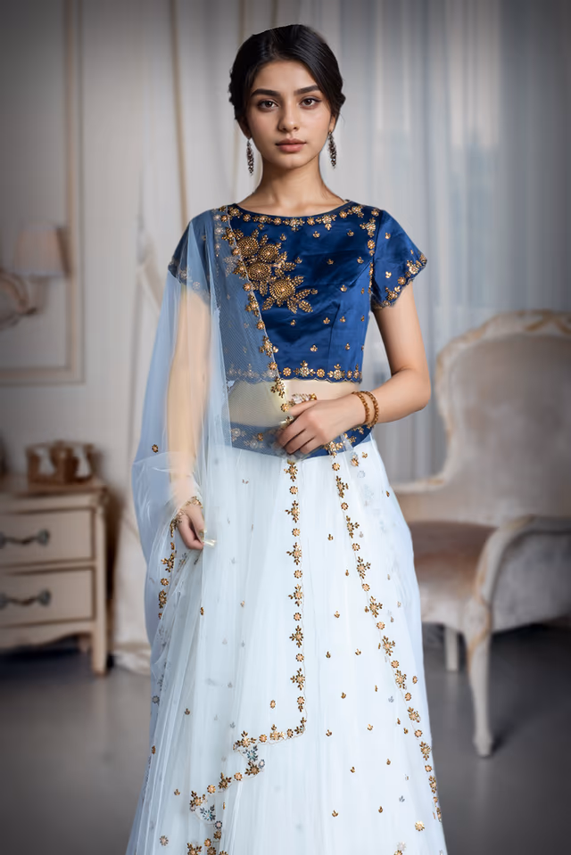 Midnight Bloom Embroidered gold  Work  lehenga — rent in Bangalore
