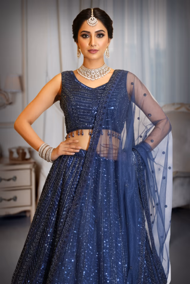 Midnight Blue Sequin and Bead Embellished Gown with Tulle Dupatta — rent in Kochi