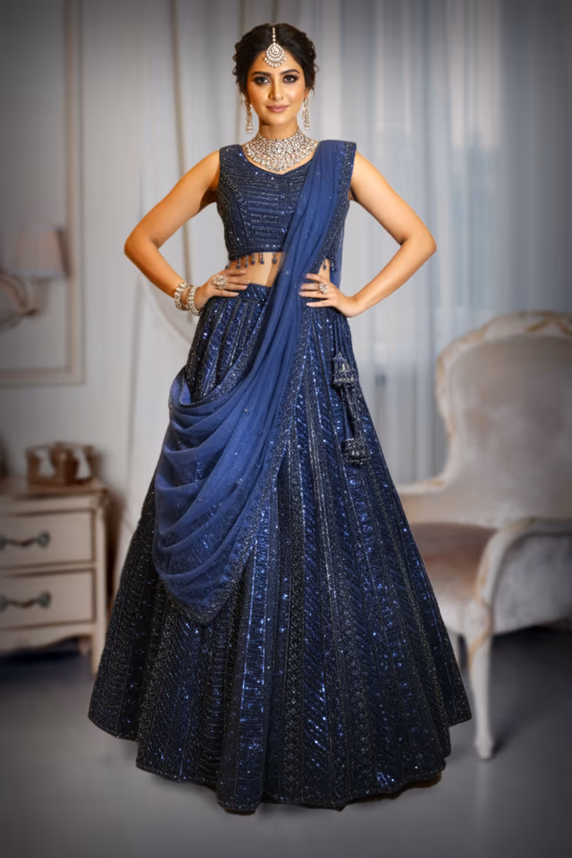 Midnight Blue Sequin and Bead Embellished Gown with Tulle Dupatta — back view, rent in Kochi