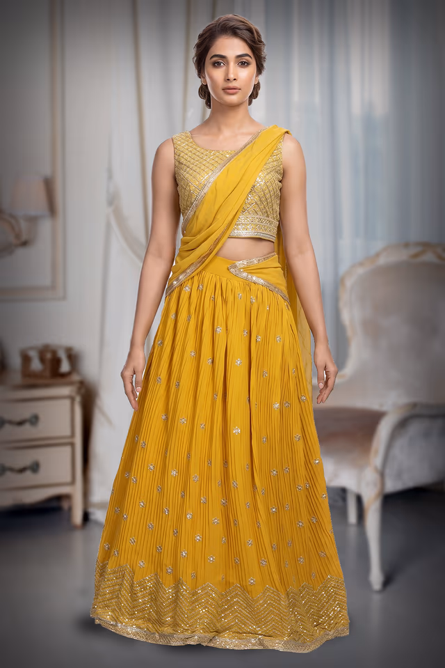 Minimalist Yellow Georgette Lehenga Embellished With Sequin Work And This Comes With Same… — back view, rent in Coimbatore