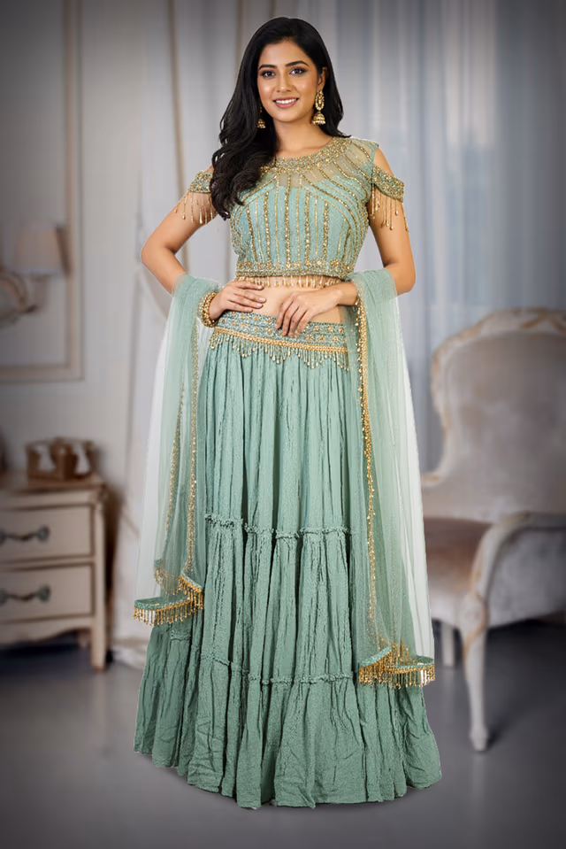 Mint Green Breezy Modern Touch Lehenga — back view, rent in Bangalore