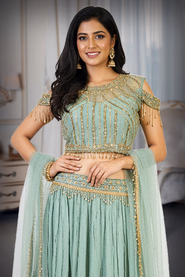 Mint Green Breezy Modern Touch Lehenga — rent in Bangalore