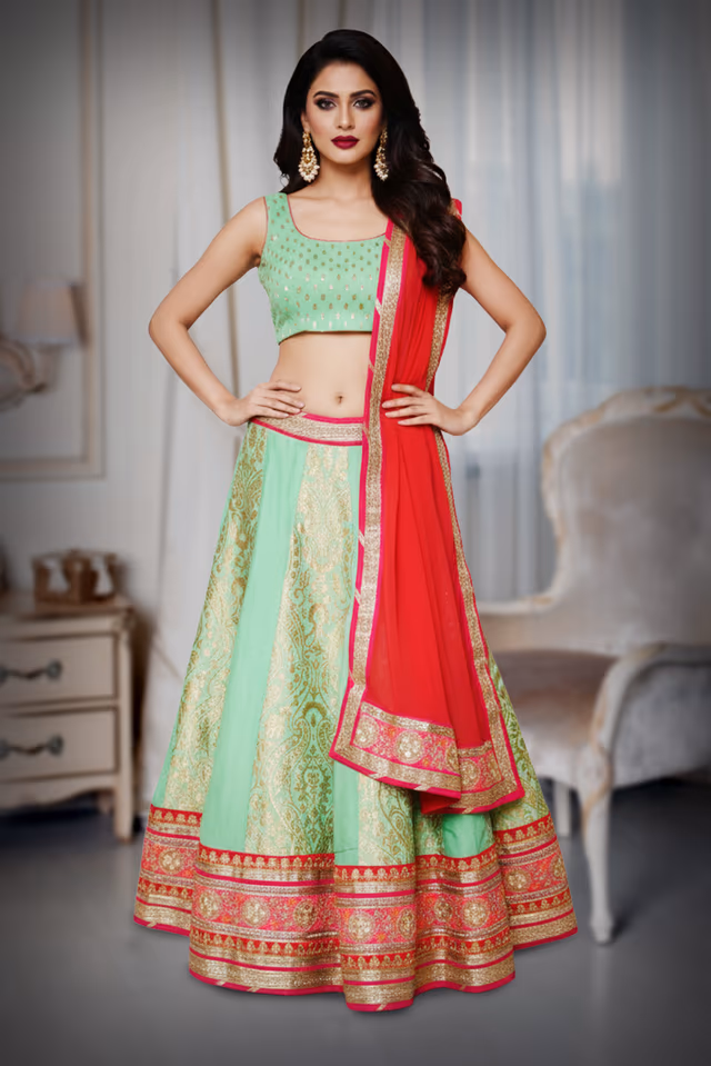 MInt Green lehenga with gold embroidery with contasting dupatta — back view, rent in Bangalore