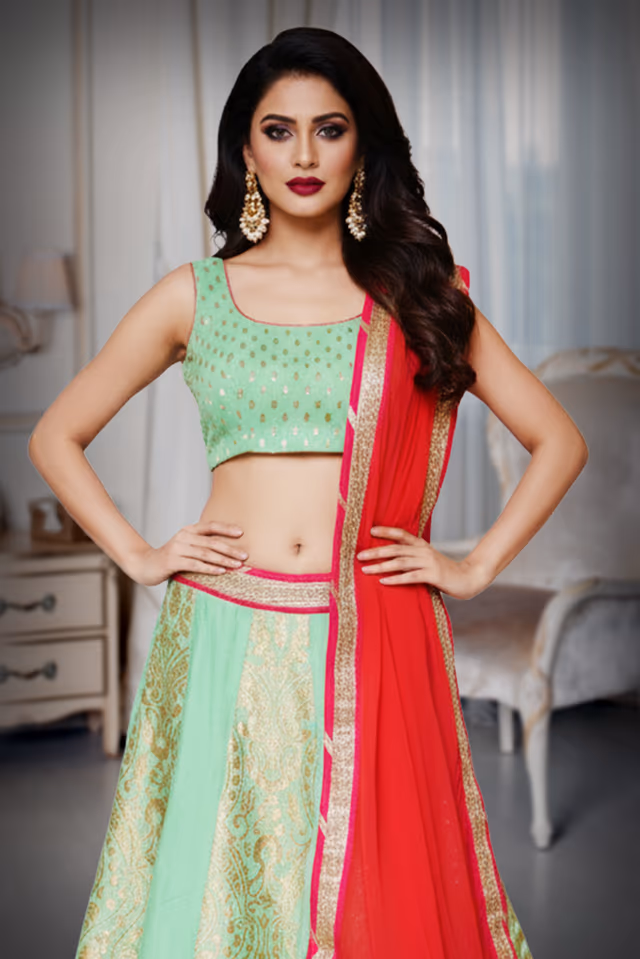 MInt Green lehenga with gold embroidery with contasting dupatta — rent in Bangalore