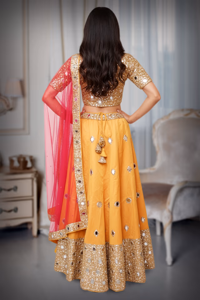 Heavy mirror work with a mustard lehenga — back view, rent in Bangalore