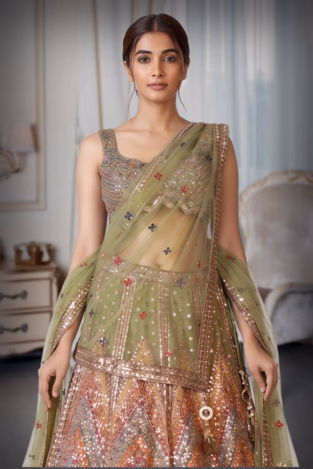 Heavy Mirror Worked Multicolour Lehenga With Maximalist Detailed Blouse — rent in Coimbatore