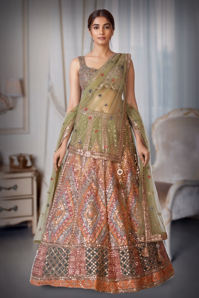 Heavy Mirror Worked Multicolour Lehenga With Maximalist Detailed Blouse — back view, rent in Coimbatore