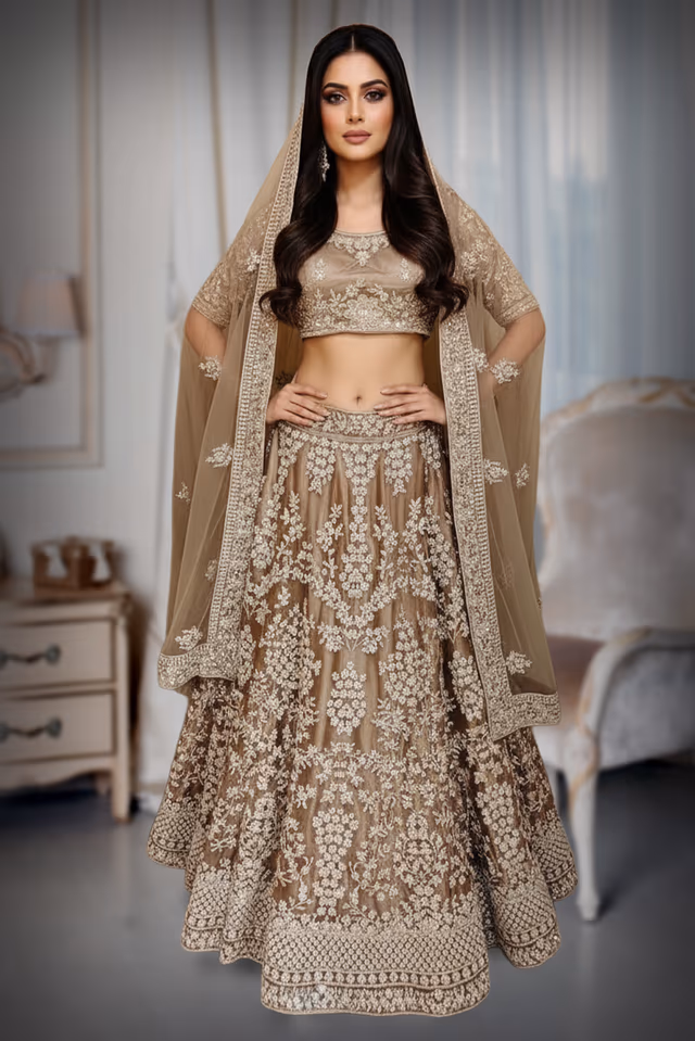 Mocha Mousse Outfit with Plunging Square Neck and Elegant Stone Work Dupatta — back view, rent in Bangalore