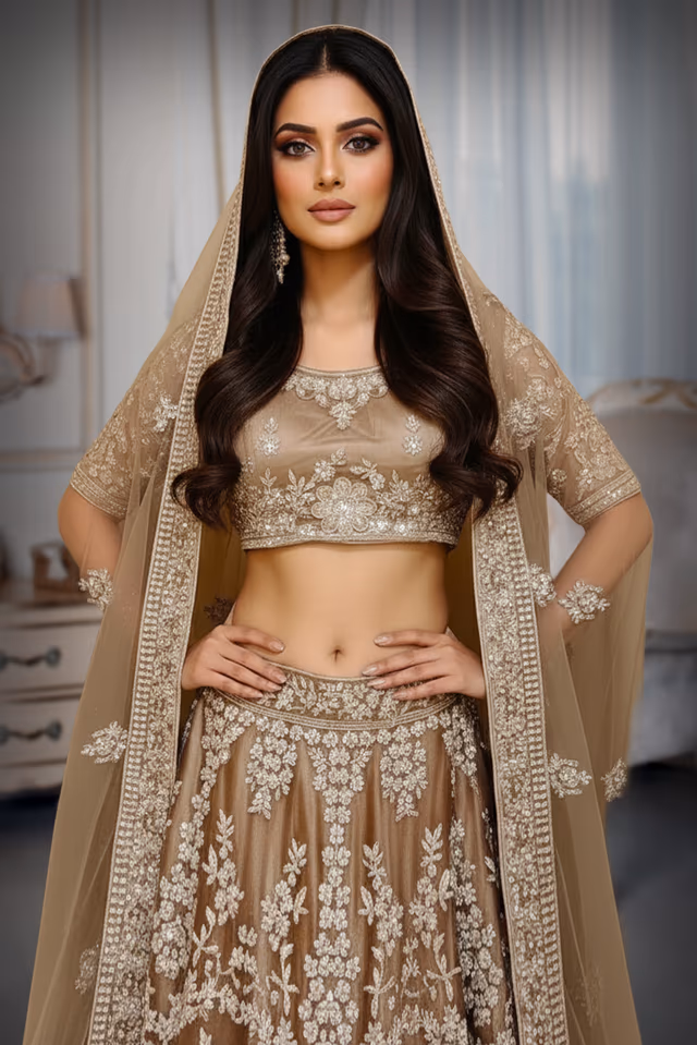 Mocha Mousse Outfit with Plunging Square Neck and Elegant Stone Work Dupatta — rent in Bangalore