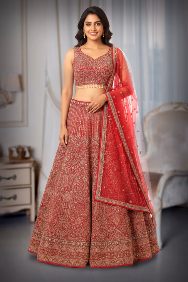 Mulberry Pink Heavy Embellished Bridal Lehenga With Golden Stone Details On Skirt , Crop Top… — back view, rent in Calicut