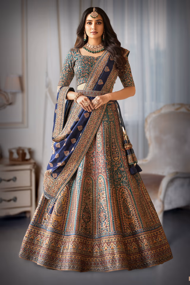 Multi-Colored Traditional Woven Lehenga with Contrasting Dupatta — back view, rent in Bangalore