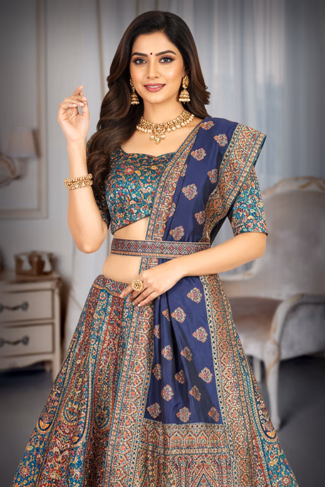 Multi-Colored Traditional Woven Lehenga with Contrasting Dupatta — rent in Bangalore