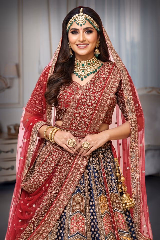 Multi colour jelly red lehenga with zari work — rent in Bangalore