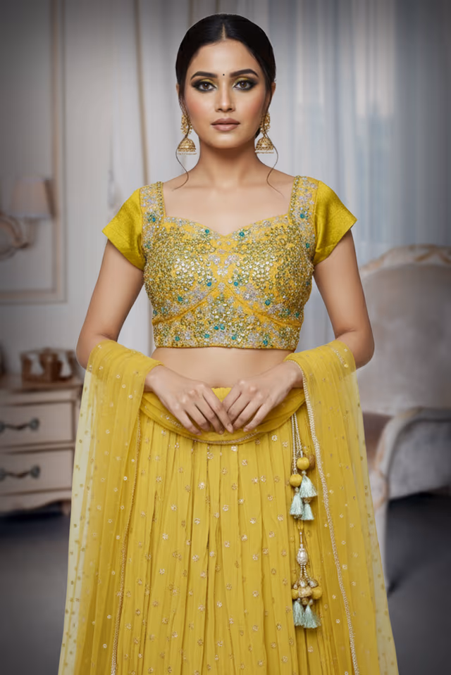 Mustard Green Ombre Blouse with Sequin and Mirror Work for Festive Elegance — rent in Calicut
