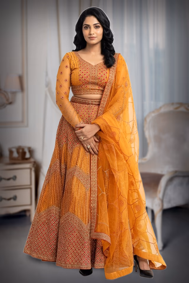 Elegant Mustard Orange Lehenga — back view, rent in Coimbatore