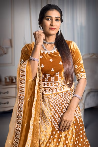 Mustard silver thread and jarkan stone work lehenga — rent in Coimbatore