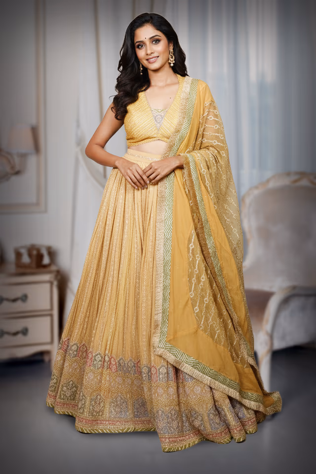 Mustard Yellow Silk bridal Lehenga  with Embroidered Border — back view, rent in Kochi