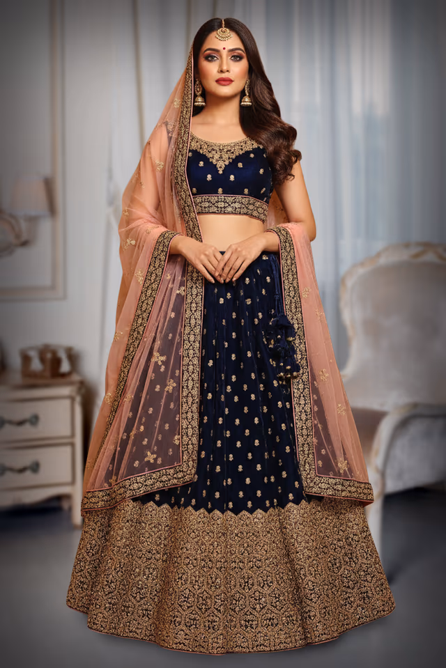 Navy Blue Lehenga featuring Heavy Hem Embroidery and Scattered Gold Sequin Work — back view, rent in Bangalore