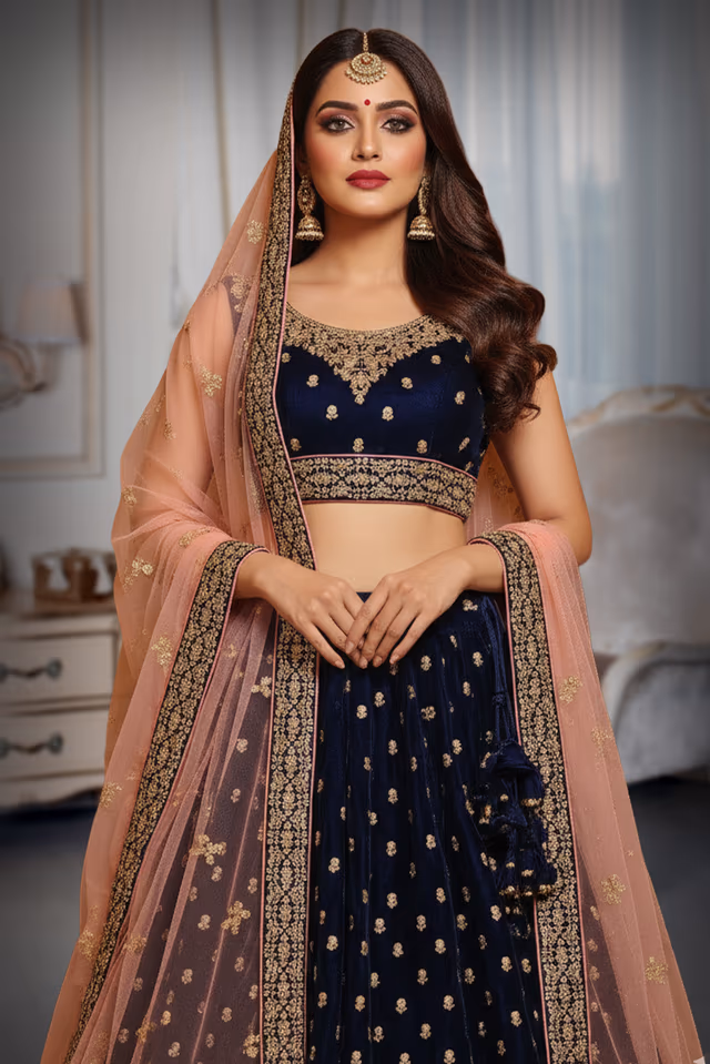 Navy Blue Lehenga featuring Heavy Hem Embroidery and Scattered Gold Sequin Work — rent in Bangalore