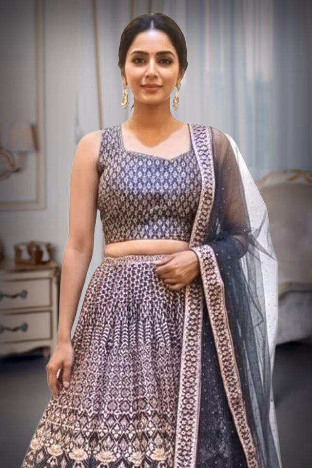 Navy Blue & Rose Gold Geometric Print Ethnic Lehenga Set with Net Dupatta — rent in Kochi