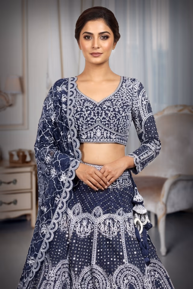 Navy Blue Heavy Stone Worked Bridal Lehenga — rent in Coimbatore