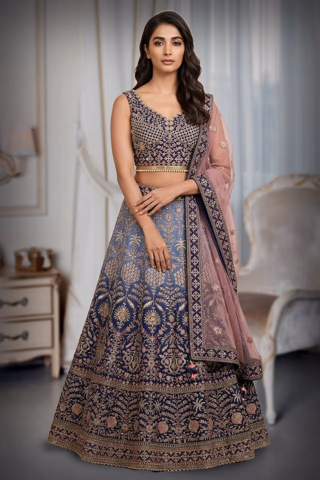 Navy Blue Heavy Thread worked Lehenga With Ombre Shade , Detailed Blouse And Minimal Dupatta — back view, rent in Coimbatore