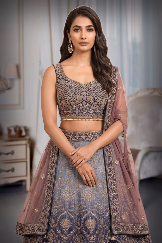 Navy Blue Heavy Thread worked Lehenga With Ombre Shade , Detailed Blouse And Minimal Dupatta — rent in Coimbatore